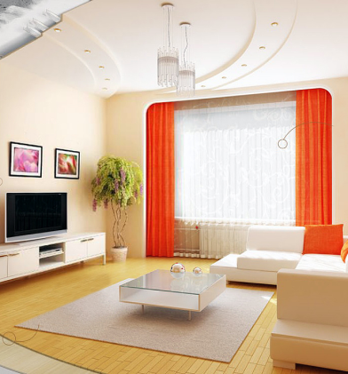 bright room with orange curtain on the window